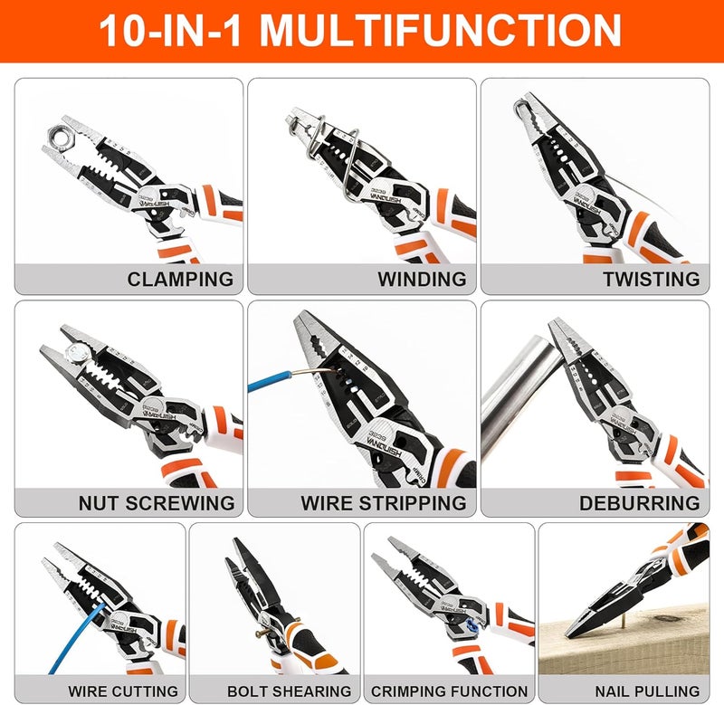 Vanquish 10-in-1 Long Nose Pliers, 8‘’ Multipurpose Combination Pliers Wire Cutter/Crimper/Stripper, CRV Steel, Heavy Duty Side-Cutting Pliers for Crimping, Stripping, Shearing, Deburring, 3239 - Image 4